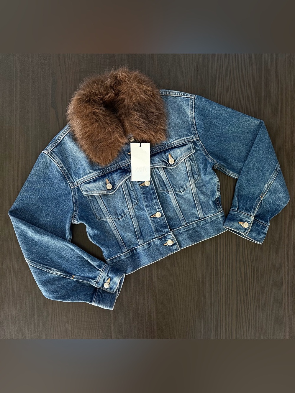 Zara Blue Denim Jacket with Removable Brown Fur Collar